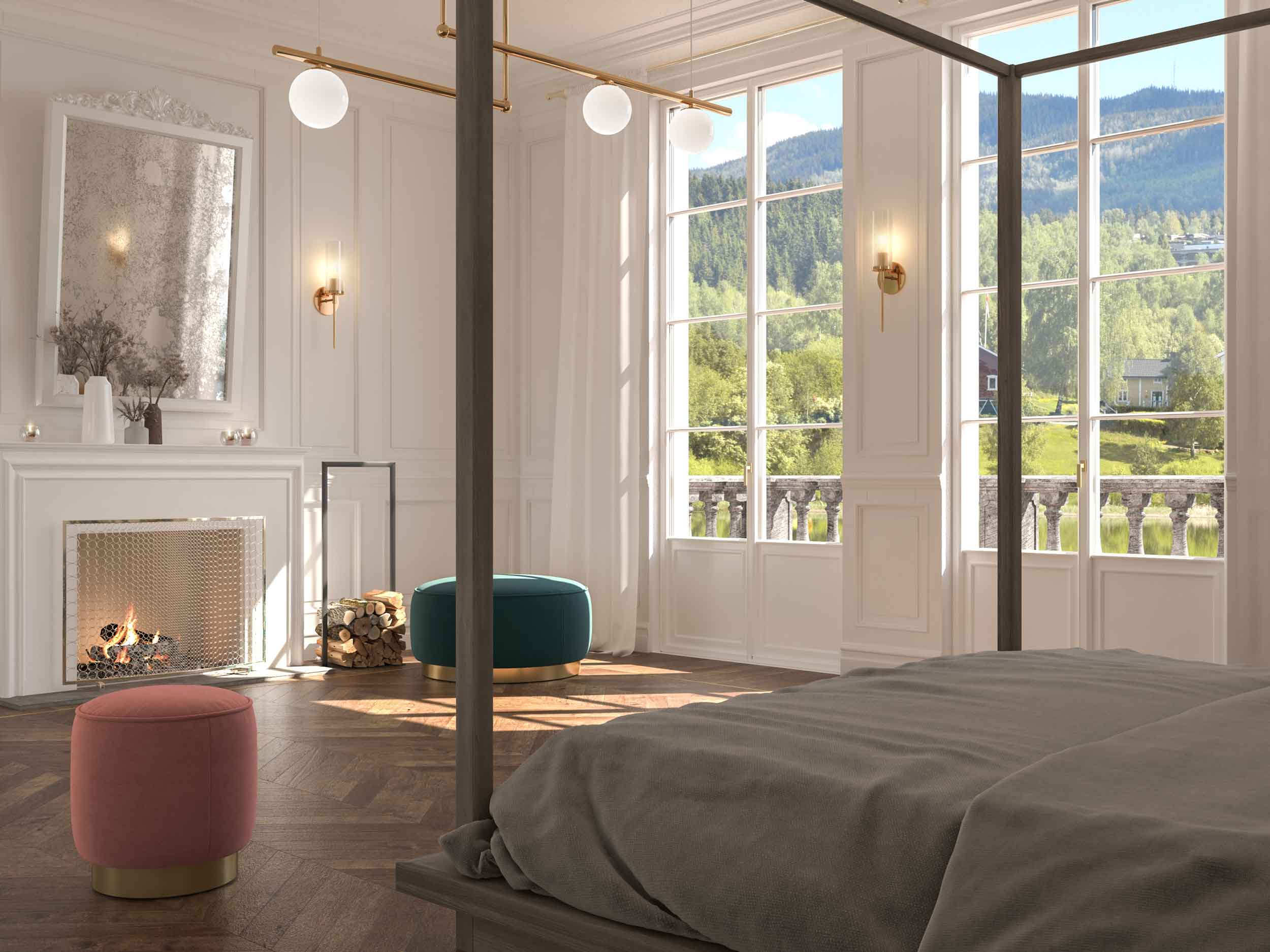 General view of a bedroom with Skyline Classic patio doors with crosspieces