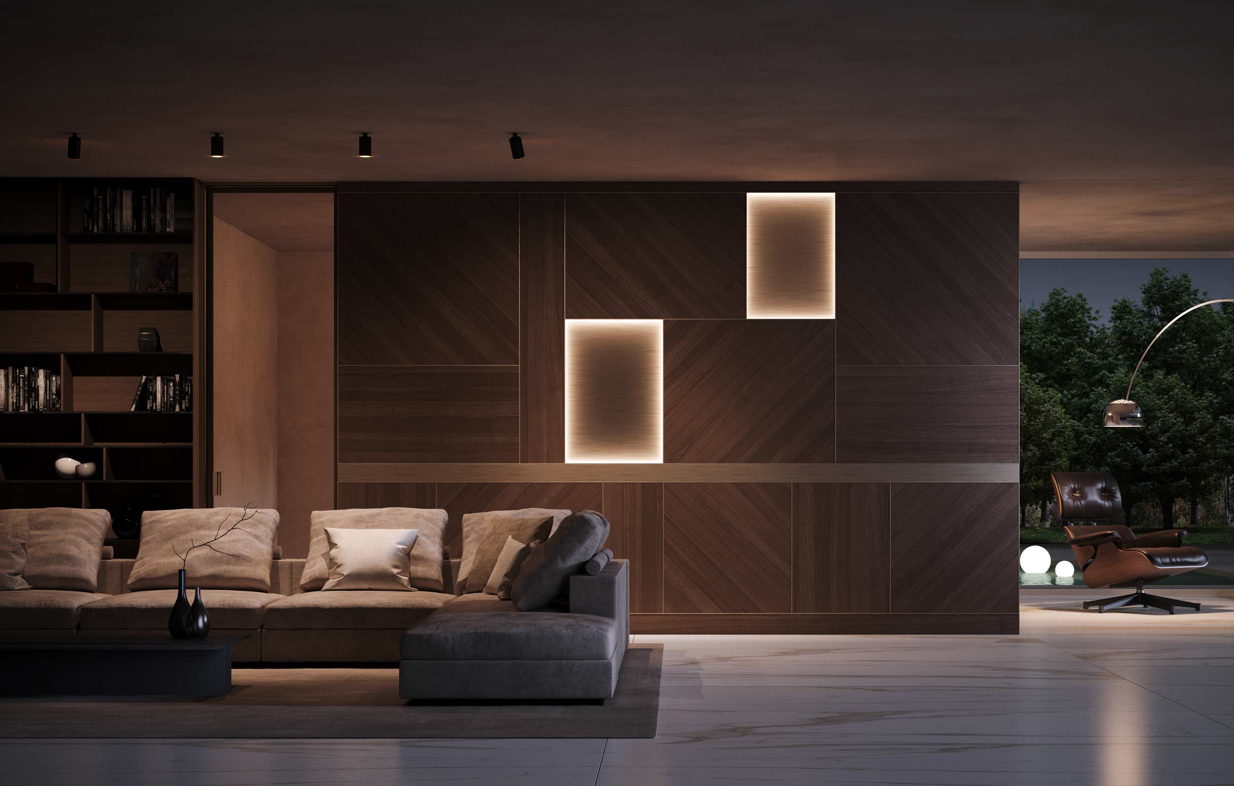 Wooden boiserie equipped with illuminated metal panels
