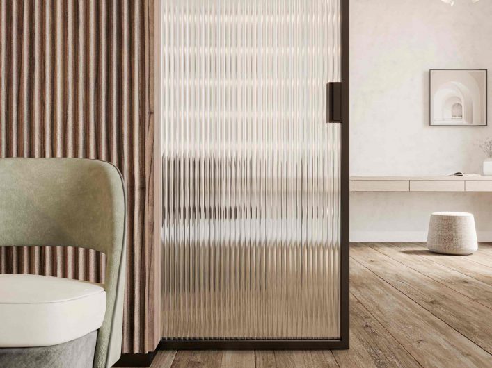 Wooden sliding door Carminati with ribbed clear glass