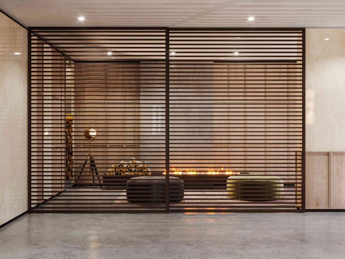 Lady sliding door in teak with horizontal slats and transparent glass