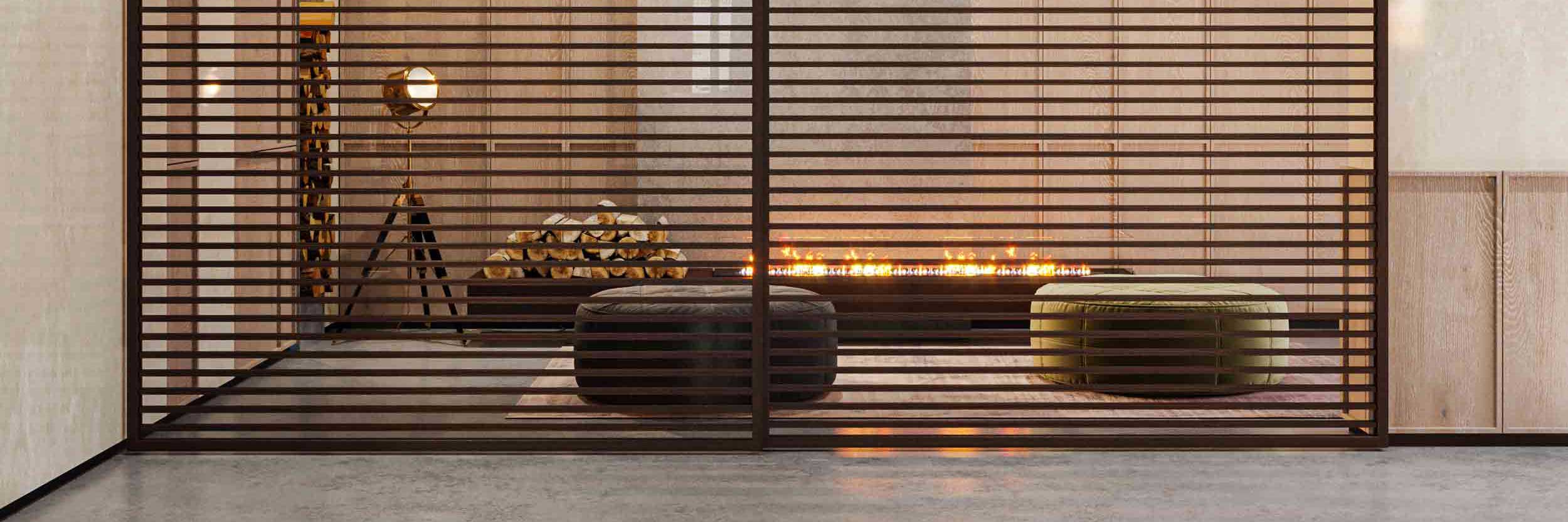 Lady sliding divider with horizontal slats and transparent glass