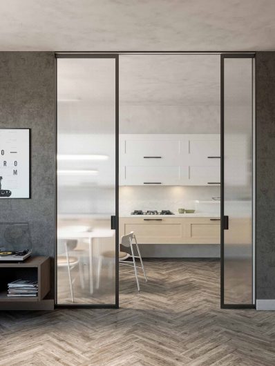 Lady gray lacquered internal sliding door and clear wired glass