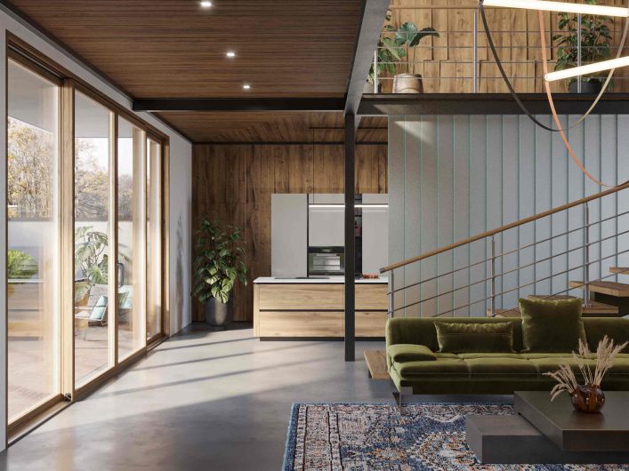 Vista dell'open space tra soggiorno e cucina con alzante scorrevole Klima 80 Slim in legno